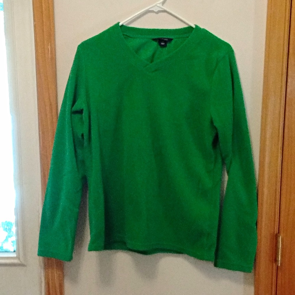 Lands' End Green Solid Fleece Polyester V-Neck Long Sleeve Pullover Top S